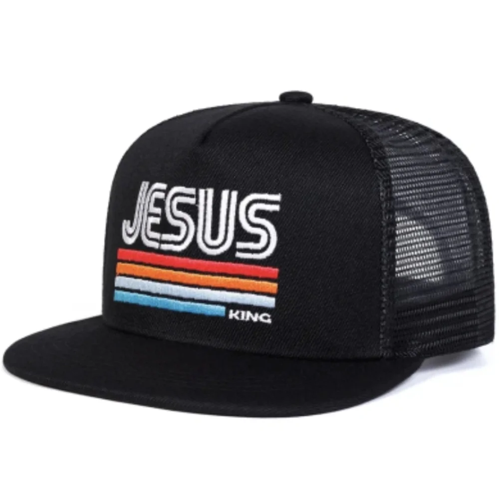 Jesus King Black Trucker Hat with Retro Stripes